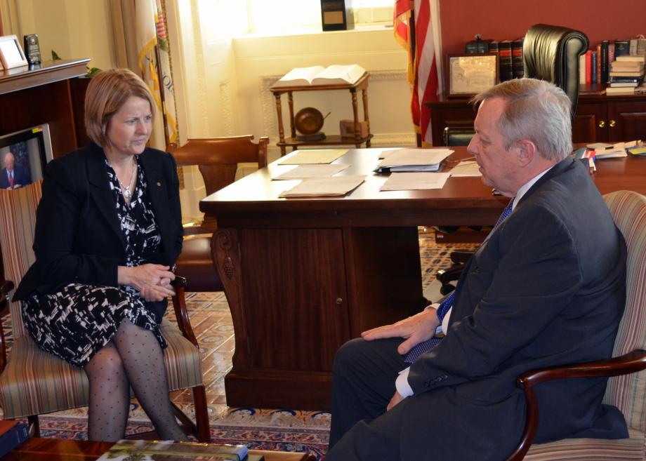 U.S. Senator Dick Durbin (D-IL) met with Anne Schneider, Illinois Department of Transportion Secretary, to discuss Mississippi River water levels and high speed rail.